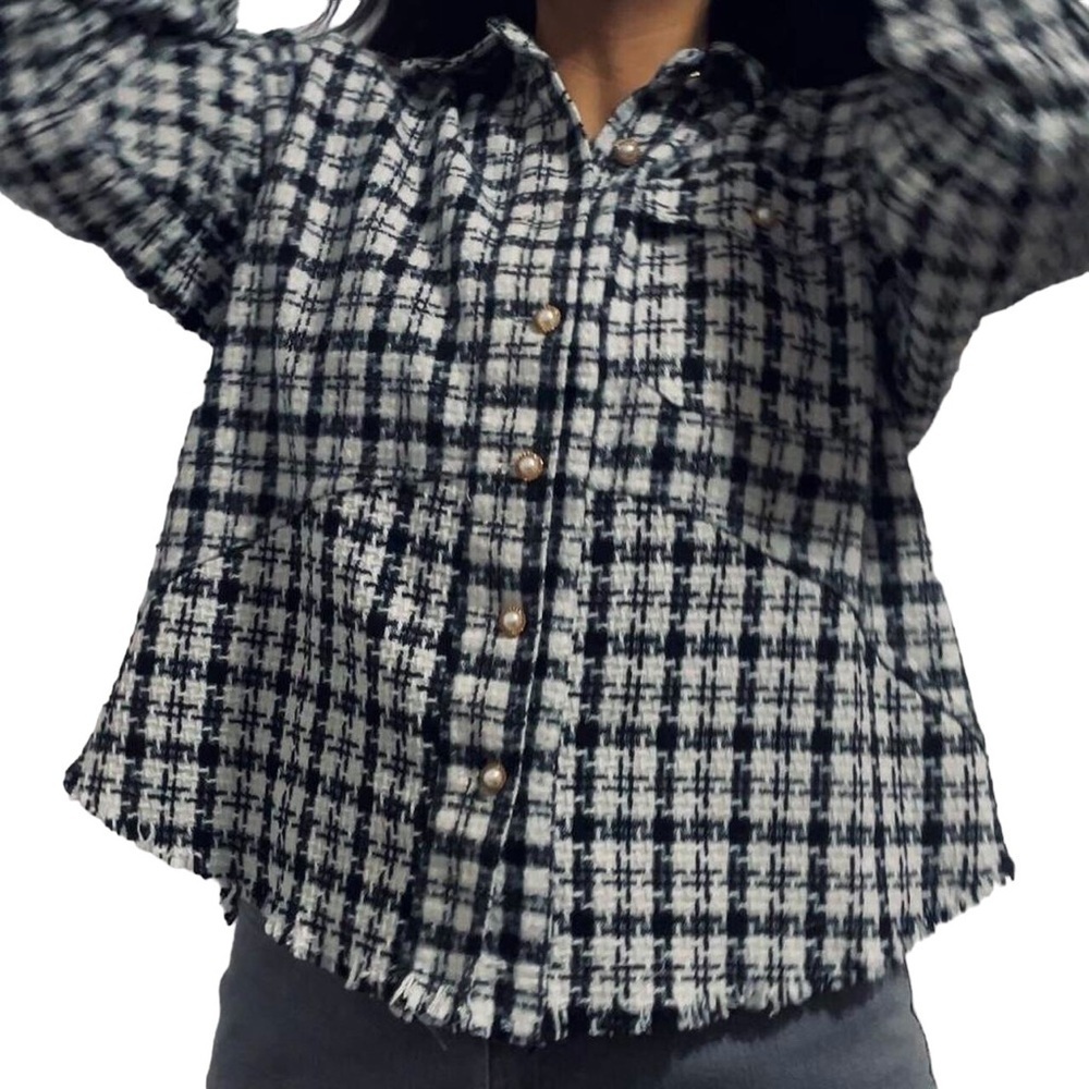 Umgee Shacket Jacket Plaid Black White Cozy Oversized Tweed Frayed Hem Womens 1X - Picture 12 of 12